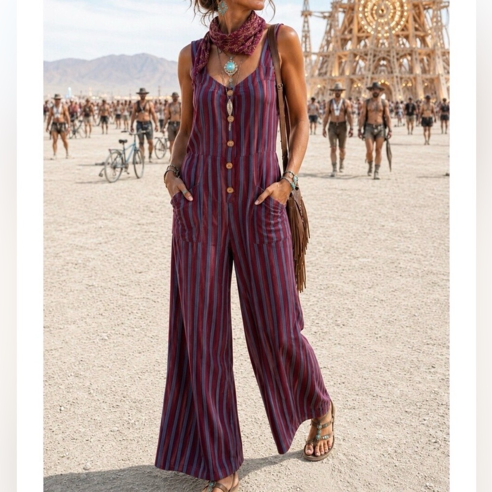 Free People Red and Blue Striped One-Piece Romper